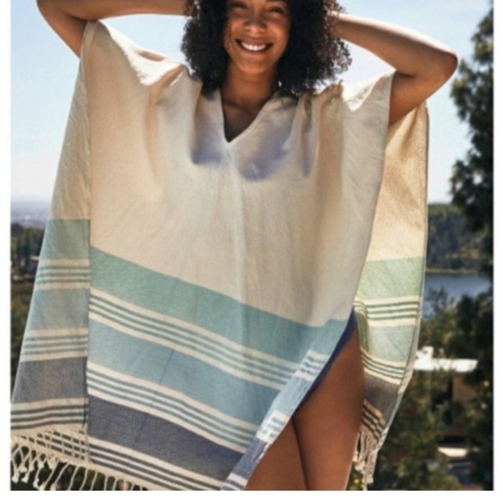 tribe alive Cream and Light Blue Striped Fringe Swim Coverup